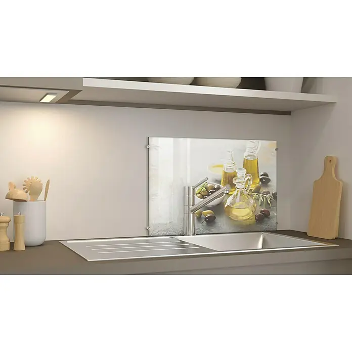 CUCINE Küchenrückwand - Fine Olive, 60 x 40 cm, Stärke: 6 mm, Einscheibensicherheitsglas (ESG) - Küchenrückwand mit Olivenöl-Motiv. Das stilvolle Design verleiht Ihrer Küche eine besondere Note.