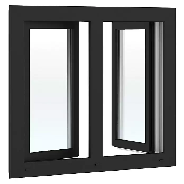 Solid Elements Kunststofffenster Basic - 150 x 110 cm, Verglasung: 3-fach, DIN Anschlag: Links/Rechts, Außen: Anthrazit Sandstruktur, Innen: Weiß - Schwarzes zweiflügeliges Fenster mit leicht geöffneten Flügeln zur Belüftung.