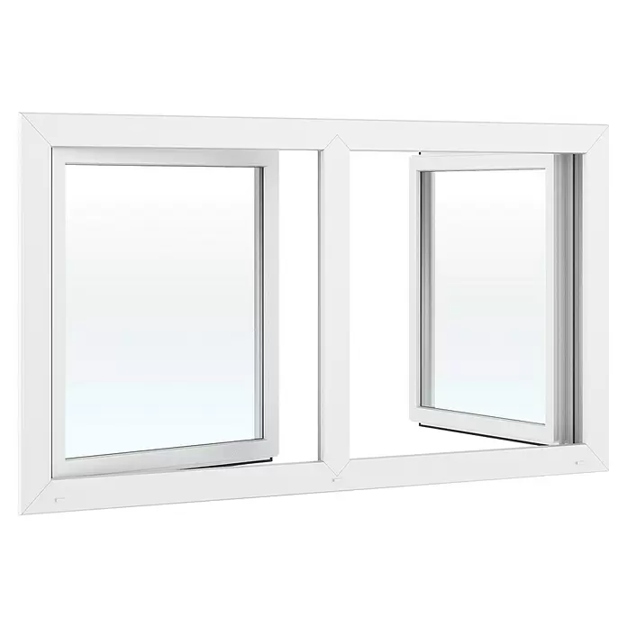 Solid Elements Kunststofffenster New Basic - 200 x 110 cm, Verglasung: 2-fach, Dreh Links/Dreh-Kipp Rechts, Weiß - Weißer zweiflügeliger Fensterrahmen mit einem gekippten Fensterflügel.