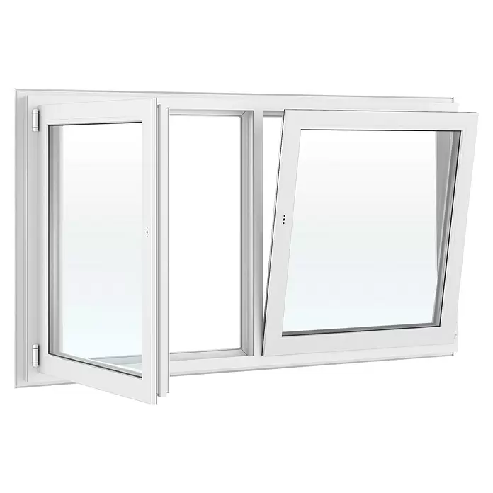 Solid Elements Kunststofffenster New Basic - 200 x 110 cm, Verglasung: 2-fach, Dreh Links/Dreh-Kipp Rechts, Weiß - Weißes PVC-Fenster mit links seitlich geöffnetem und rechts gekipptem Flügel.