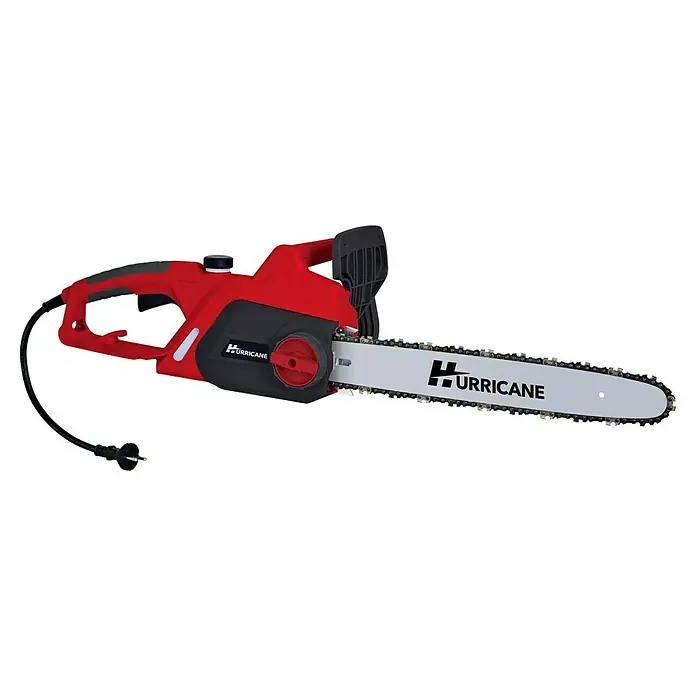 Hurricane Elektro-Kettensäge HEK-I-22/40 - 2.200 W, Schwertlänge: 40 cm, Max. Aststärke: 35 cm - Rote Hurricane-Elektrokettensäge mit schwarzem Griff und Schwert, ideal für Baumschnittarbeiten und Brennholz.