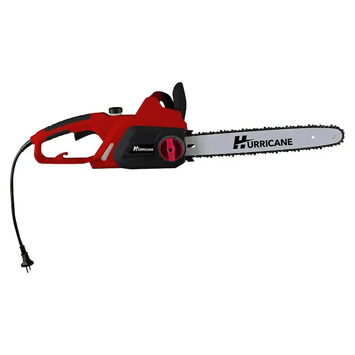 Hurricane Elektro-Kettensäge HEK-I-22/40 - 2.200 W, Schwertlänge: 40 cm, Max. Aststärke: 35 cm - Eine rote Hurricane-Elektrokettensäge mit schwarzem Griff und Kabel ist auf einem schwarzen Hintergrund abgebildet.
