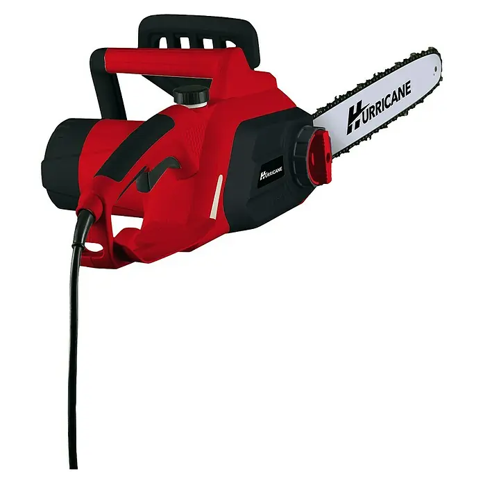 Hurricane Elektro-Kettensäge HEK-I-22/40 - 2.200 W, Schwertlänge: 40 cm, Max. Aststärke: 35 cm - Abbildung einer roten Hurricane-Elektro-Kettensäge mit einem schwarzen Kabel auf schwarzem Hintergrund.