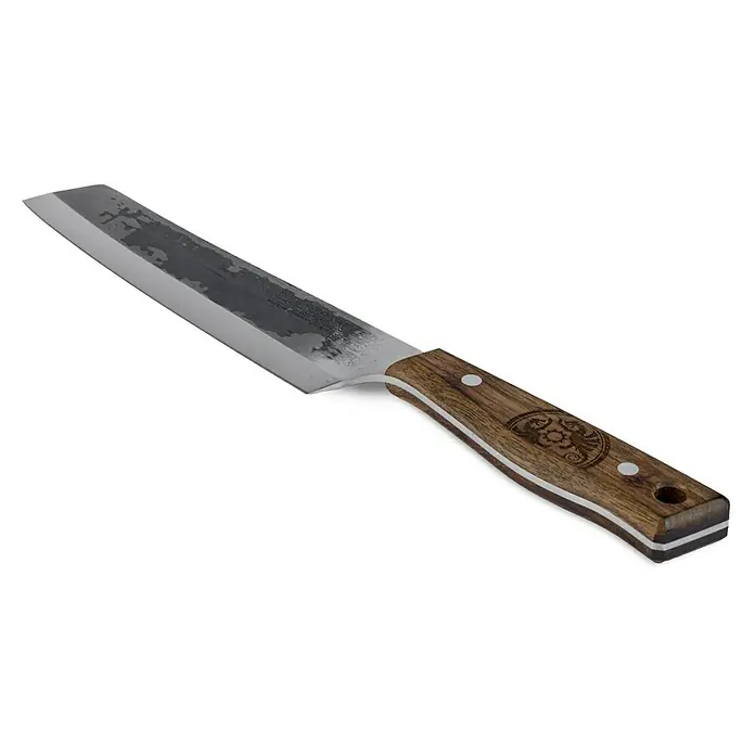 Petromax Küchenmesser - Stahl, 31,5 cm - Nahaufnahme eines Hackmessers mit Holzgriff und silberner Klinge, ideal zum Schneiden.