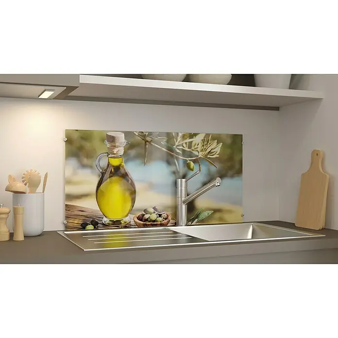 CUCINE Küchenrückwand - Toskana, 80 x 40 cm, Stärke: 6 mm, Einscheibensicherheitsglas (ESG) - Küchenrückwand mit Olivenölmotiv über Spüle und Arbeitsfläche, schafft mediterranes Ambiente in der Küche.