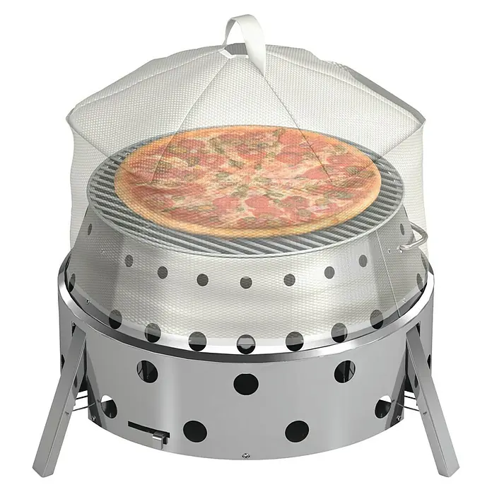 Petromax Grillhaube - Aluminium, Durchmesser: 42 cm - Ein runder Pizzaofen aus Edelstahl mit einer leckeren Pizza unter einer Abdeckung. Perfekt für den Außenbereich.