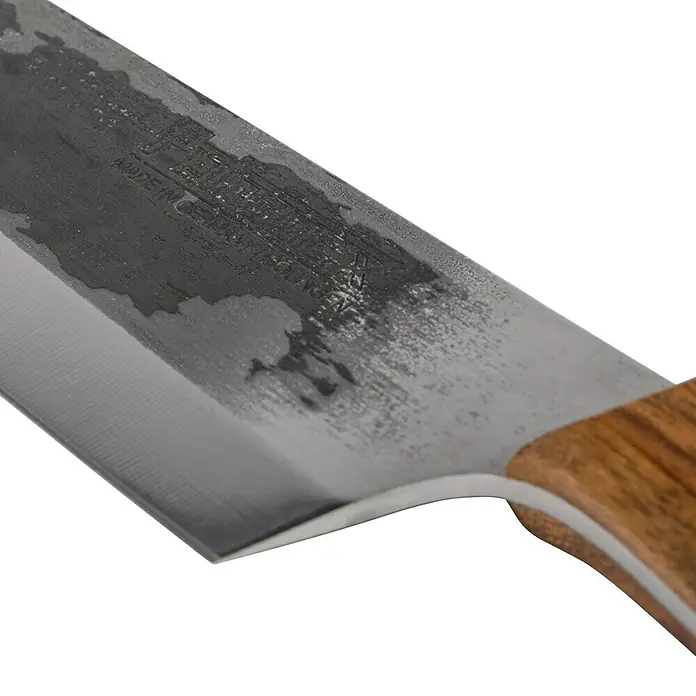 Petromax Küchenmesser - Stahl, 31,5 cm - Detailaufnahme eines Küchenmessers mit Holzgriff und der Aufschrift "Made in Germany Solingen" auf der Klinge.
