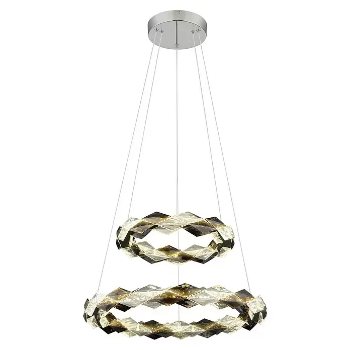 Globo Karilion LED-Pendelleuchte rund - 50 W, Ø x H: 55 x 130 cm, Rauch, Silber verchromt - Zweistufiger moderner Kronleuchter mit facettierten Kristallringen und warmem Licht, aufgehängt an einer runden silbernen Deckenplatte.