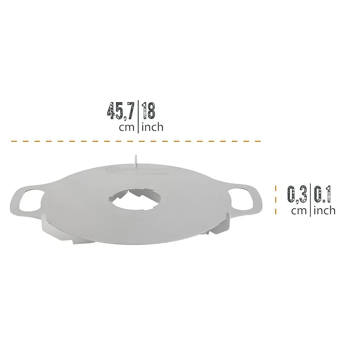 Petromax Grillplatte Atago - Durchmesser: 38,3 cm, Stahl - Eine Nahaufnahme eines runden, grauen Pizzaschiebers mit Griffen und Maßenangaben für eine detaillierte Produktansicht.