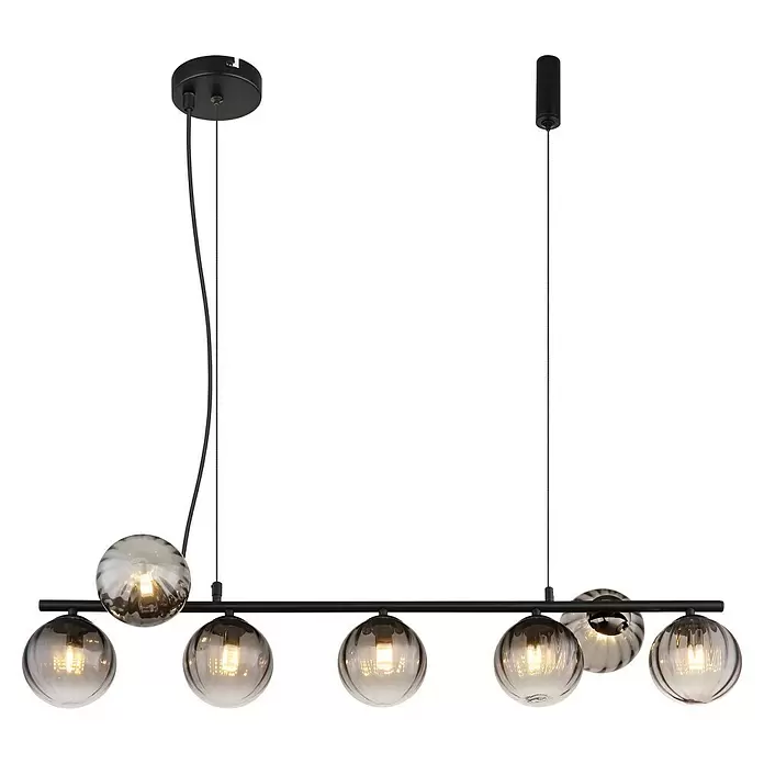 Globo Dallerta Hängelampe Dallerta - 10 W, Schwarz matt, L x B x H: 95 x 28 x 120 cm, G9, 7 Stk. - Schwarze lineare Pendelleuchte mit sieben rauchfarbenen Glaskugelschirmen und sichtbaren LED-Glühbirnen.