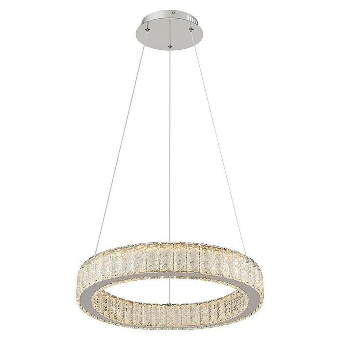 Globo Mucky LED-Pendelleuchte rund - 50 W, Ø x H: 50 x 120 cm, Klar, Silber verchromt - Eine elegante LED-Ring-Hängeleuchte mit funkelnden Kristallakzenten, die ein modernes und luxuriöses Ambiente schafft.
