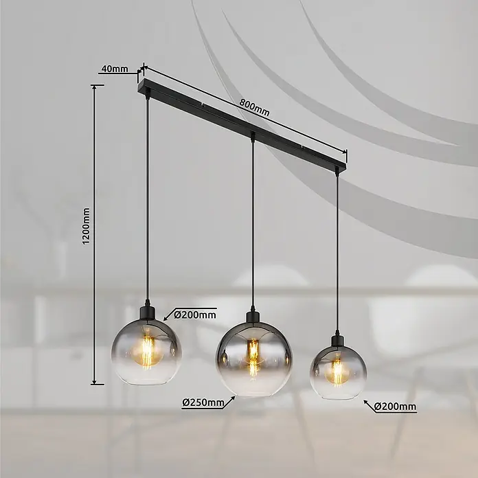 Globo Newcastle LED-Pendelleuchte - 60 W, L x B x H: 95 x 25 x 120 cm, Rauch, Schwarz matt - Pendelleuchte mit drei Lampen im industriellen Stil mit rauchfarbenen Glasschirmen und Maßen.