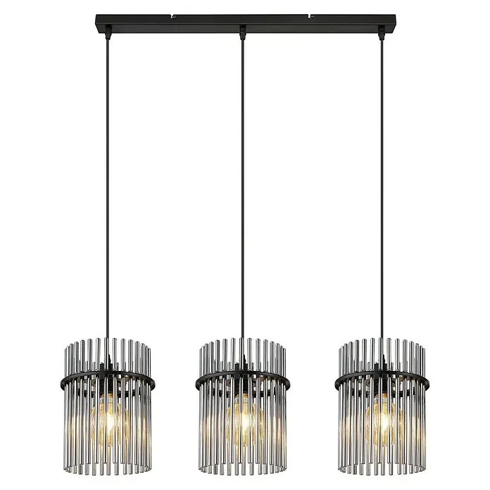 Globo Gorley LED-Pendelleuchte - 60 W, L x B x H: 80 x 20 x 140 cm, Rauch, Schwarz matt - Elegante Pendelleuchte mit drei zylindrischen Lampenschirmen aus transparenten Stäben, die ein warmes Licht verbreiten.\n