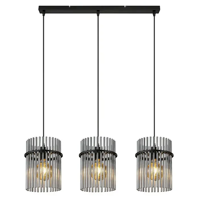 Globo Gorley LED-Pendelleuchte - 60 W, L x B x H: 80 x 20 x 140 cm, Rauch, Schwarz matt - Elegante Dreiflammen-Pendelleuchte mit zylindrischen Lampenschirmen aus klarem Glas und schwarzem Metallrahmen für ein modernes Ambiente.