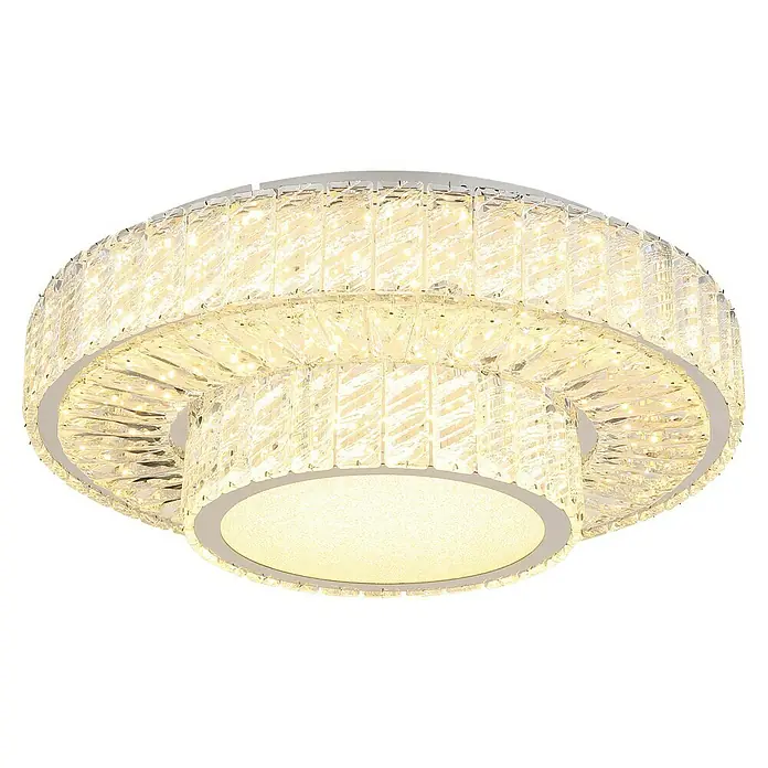 Globo Mucky LED-Deckenleuchte rund - 50 W, Ø x H: 50 x 17,3 cm, Klar, Silber verchromt, Warmweiß - Nahaufnahme einer dreistufigen, runden Deckenleuchte mit Kristallakzenten und warmem Licht, die ein elegantes Ambiente ausstrahlt.