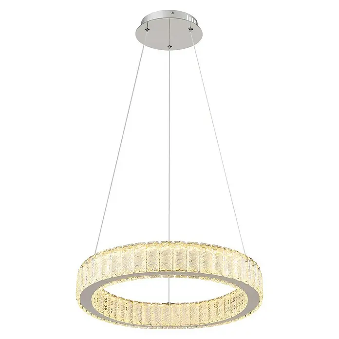 Globo Mucky LED-Pendelleuchte rund - 50 W, Ø x H: 50 x 120 cm, Klar, Silber verchromt - Nahaufnahme einer modernen runden Kristall-Hängeleuchte mit glänzenden Chromdetails, die eine elegante Beleuchtungslösung darstellt.