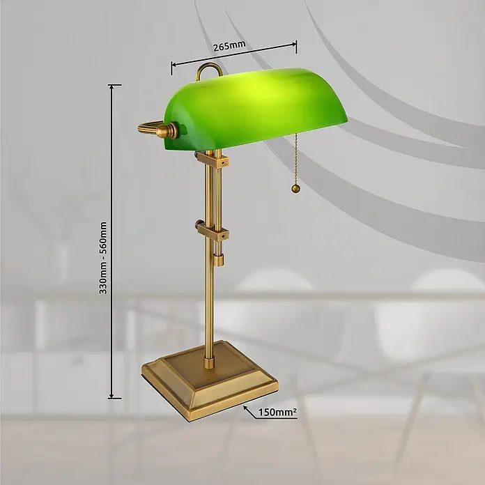 Globo Tischleuchte Antique eckig - 40 W, L x B x H: 26,5 x 18 x 36 cm, Gold, Grün - Das Bild zeigt eine Bankerlampe mit einem grünen Lampenschirm und einem goldenen Gestell. Die Maße sind angegeben.