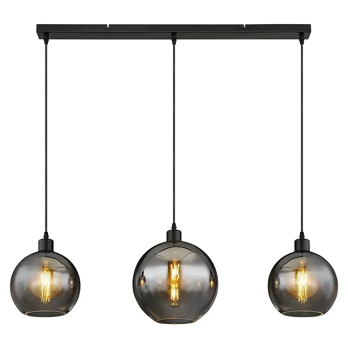 Globo Newcastle LED-Pendelleuchte - 60 W, L x B x H: 95 x 25 x 120 cm, Rauch, Schwarz matt - Eine moderne Hängelampe mit drei rauchfarbenen Glaskugeln und einem schwarzen Gestell, die ein warmes Licht verbreitet.