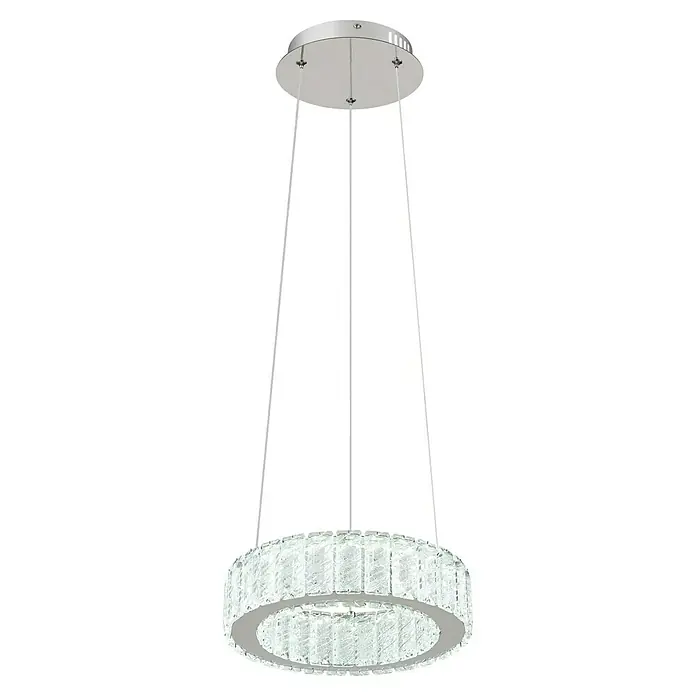 Globo Mucky LED-Pendelleuchte rund - 30 W, Ø x H: 30 x 120 cm, Klar, Silber verchromt - Diese Hängeleuchte besticht durch ihr modernes Design mit einem runden Kristallschirm und silbernen Akzenten. Ideal für stilvolle Beleuchtung.