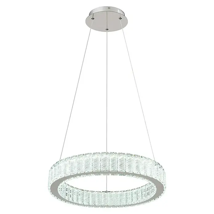 Globo Mucky LED-Pendelleuchte rund - 50 W, Ø x H: 50 x 120 cm, Klar, Silber verchromt - Elegante LED-Hängeleuchte mit kristallverziertem Ring. Die moderne Lampe spendet helles Licht und ist ein Blickfang in jedem Raum.