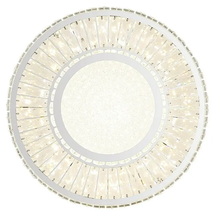 Globo Mucky LED-Deckenleuchte rund - 50 W, Ø x H: 50 x 17,3 cm, Klar, Silber verchromt, Warmweiß - Elegante runde Deckenleuchte mit weißen Akzenten und schimmernden Kristallverzierungen für eine stilvolle Beleuchtung.