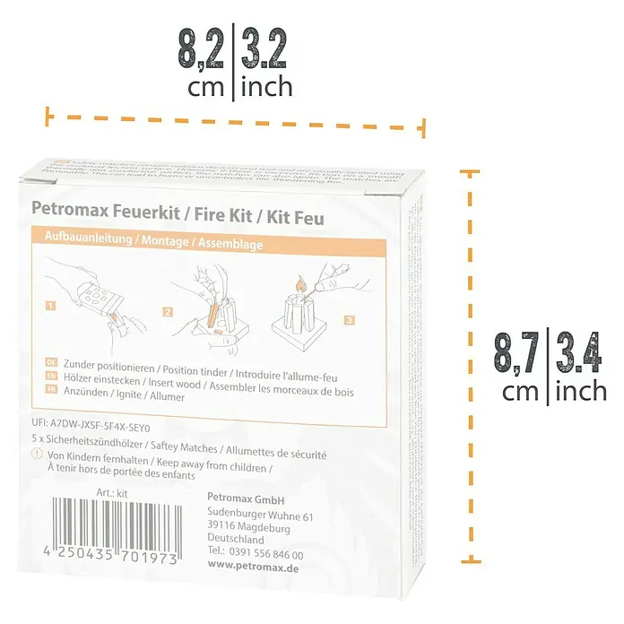 Petromax Anzünder Feuerkit - Holz - Bild einer Petromax Feuerkit-Verpackung. Anleitung zur einfachen Verwendung mit Abmessungen für eine einfache Handhabung und Lagerung.