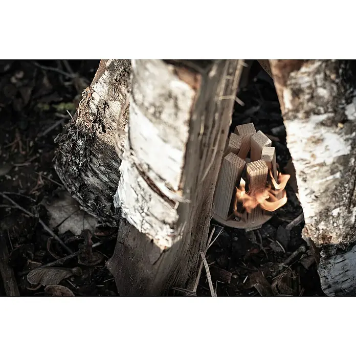 Petromax Anzünder Feuerkit - Holz - Nahaufnahme von einem zündenden Schwedenfeuer zwischen Holzscheiten im Wald.