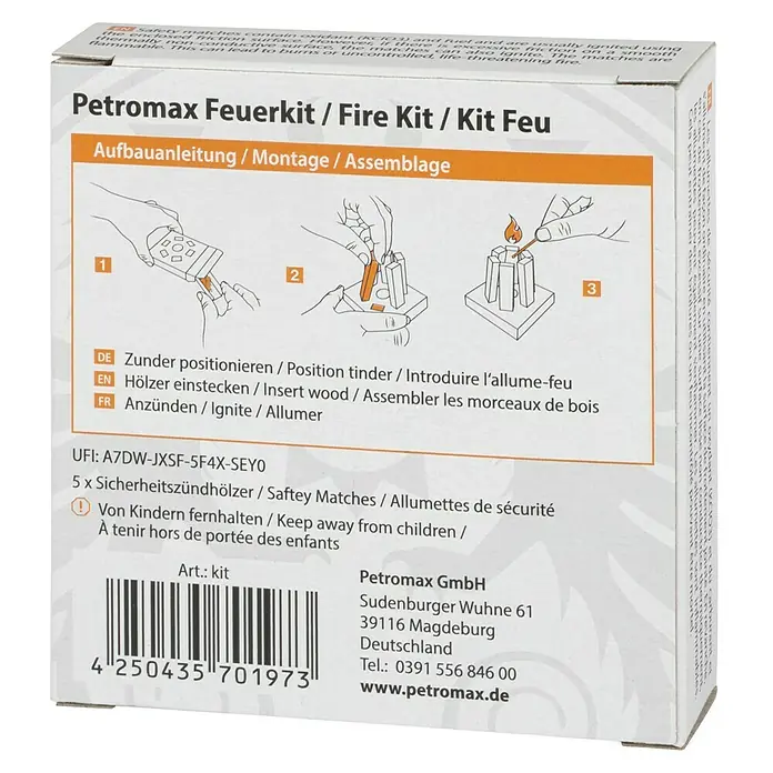 Petromax Anzünder Feuerkit - Holz - Petromax Feuerkit Verpackung. Das Feuerkit enthält Anweisungen zur Montage und Sicherheitshinweise für die Zündhölzer.
