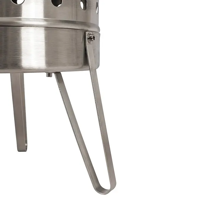 Petromax Feuertonne Pyron - Ø x H: 44,5 x 74 cm, Edelstahl - Nahaufnahme eines Metalleimers mit einem stabilen Metallfuß. Ideal für den Garten oder den Außenbereich.