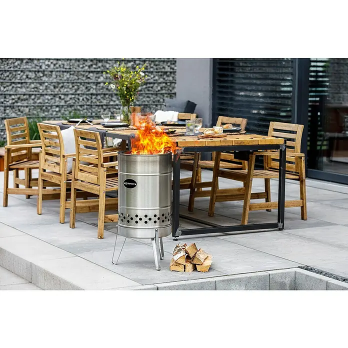 Petromax Feuertonne Pyron - Ø x H: 44,5 x 74 cm, Edelstahl - Stimmungsvolle Feuersäule aus Edelstahl mit Holzscheiten für ein gemütliches Ambiente im Freien.