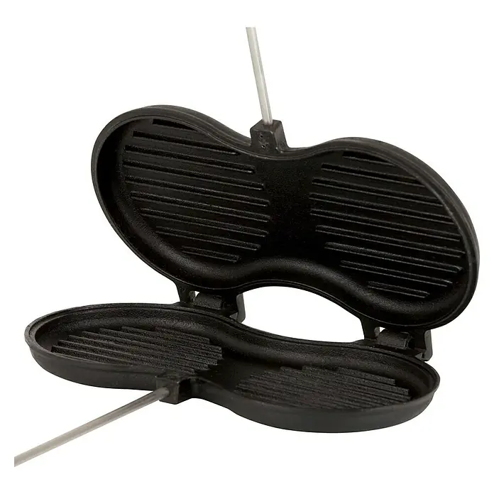 Petromax Burgereisen - L x B: 70 x 26 cm, Gusseisen - Doppelter Grill-Sandwichmaker aus Gusseisen, ideal zum schnellen und einfachen Zubereiten köstlicher Sandwiches über offenem Feuer oder auf dem Herd.
