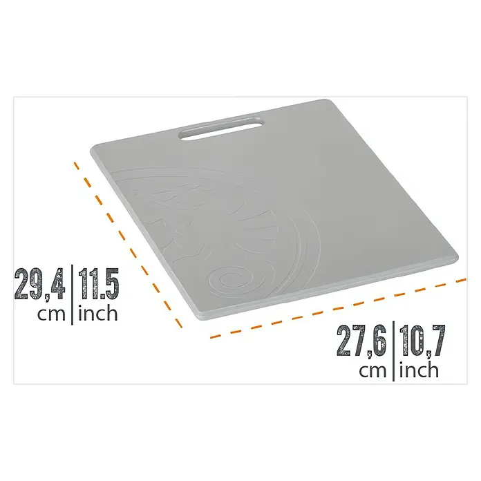 Petromax Schneidebrett - Passend für: Petromax Kühlbox 25l, Kunststoff - Abgebildet ist ein graues Schneidebrett mit Griff und den Maßen 29,4 x 27,6 cm.