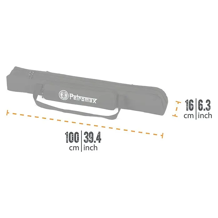 Petromax Transporttasche Dreibeinständer - Nylon, Passend für: Petromax Dreibeinständer - Abbildung einer Petromax Transporttasche mit den Maßen 100 x 16 cm (39.4 x 6.3 inch), ideal zum sicheren Transport von Ausrüstung.