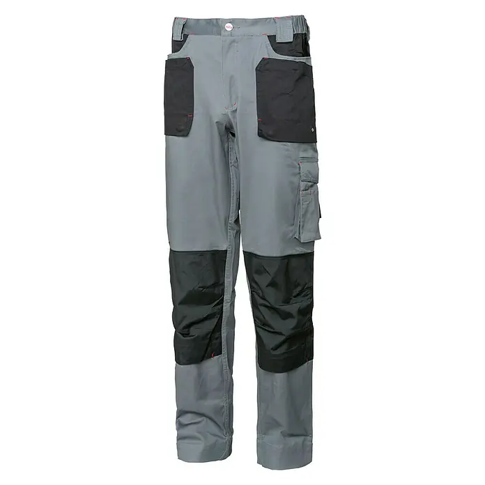 Industrial Starter Pantalones de trabajo Stretch - Caballeros, L, Gris/Negro - Pantalones de trabajo grises con refuerzos negros en rodillas y bolsillos para mayor protección y durabilidad.