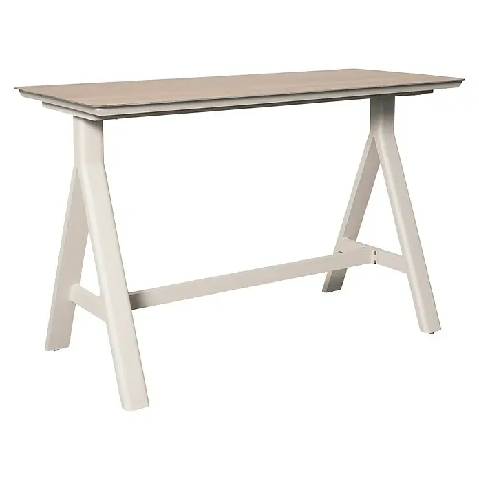 Garten-Stehtisch - L x B x H: 160 x 70 x 102 cm, Aluminium, Verbundwerkstoff, Rechteckig, Natural Warm Grey - Ein moderner Stehtisch mit hellem Holzton und A-förmigem, weißem Gestell. Ideal für Büro oder Zuhause.