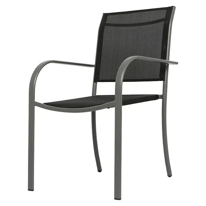 Stapelstuhl - Stahl, Textil, Stapelbar, Night-Grey, B x T x H: 56 x 66 x 86 cm - Grauer Gartenstuhl mit Armlehnen und Netzbespannung für den Außenbereich. Robustes Design für entspannte Stunden im Freien.