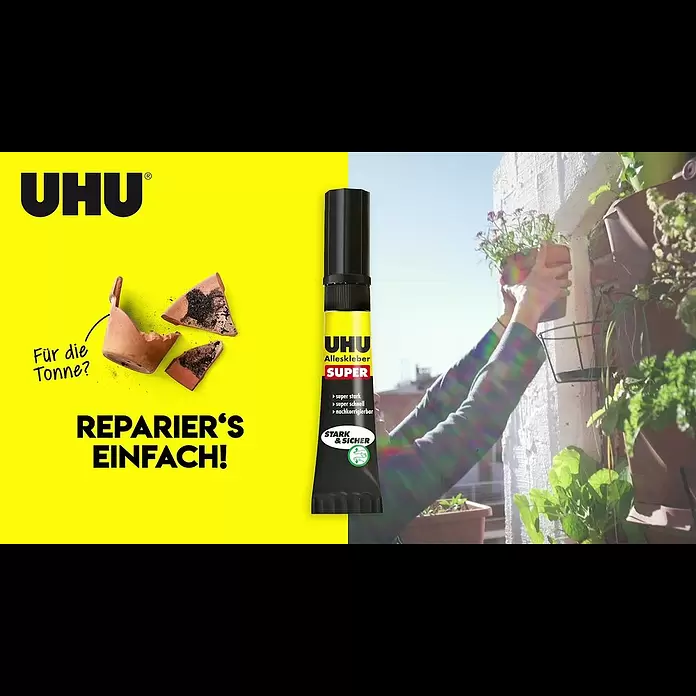 UHU Alleskleber Super stark & sicher - 7 g, Gelartig, Gebrauchsfertig - Blumentopf fr die Tonne? Repariers einfach! Mit UHU Alleskleber Super