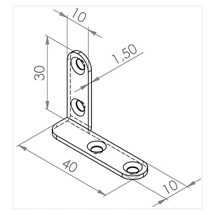 Walteco Kistenband Links - L x H: 40 x 30 mm, Stärke: 1,5 mm - Darstellung eines Winkelverbinders mit Maßangaben. Der Verbinder hat eine Länge von 40 mm und eine Höhe von 30 mm.