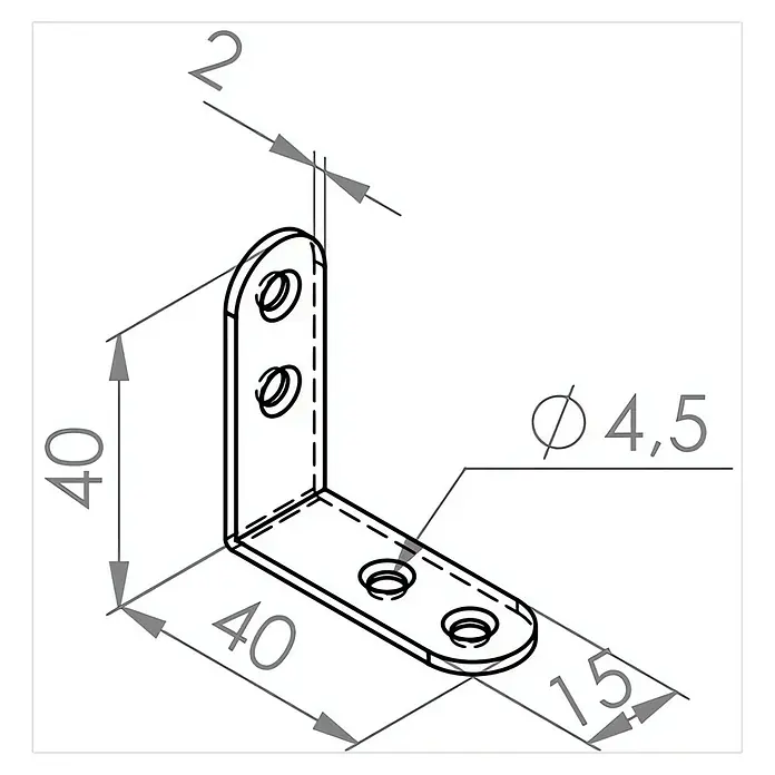 Walteco Winkelverbinder - L x B x H: 40 x 15 x 40 mm - Bild einer Winkelverbindung mit Abmessungen, ideal für Montageprojekte.
