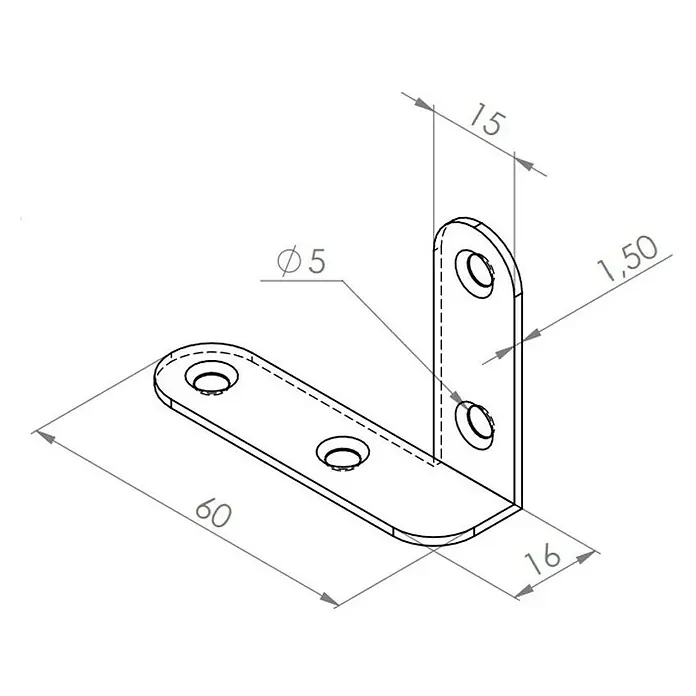 Walteco Kistenband Rechts - L x H: 60 x 45 mm, Stärke: 1,5 mm - 3D-Zeichnung einer Winkelhalterung mit den Maßen 60 x 16 x 15, einer Dicke von 1,50 und Löchern mit einem Durchmesser von 5.