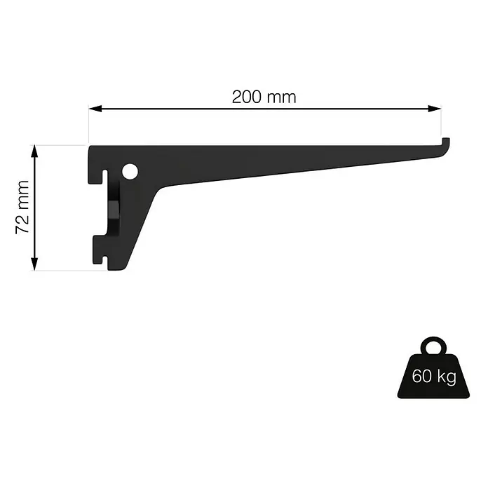 Element System Pro-Träger S 50 - Länge: 20 cm, Schwarz, Belastbarkeit: 60 kg - Produktbild eines schwarzen Wandregalträgers mit den Maßen 200 mm Länge und 72 mm Höhe, belastbar bis 60 kg.