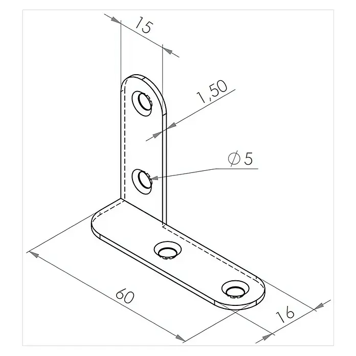 Walteco Kistenband Links - L x H: 45 x 16 mm, Stärke: 1,5 mm - Technische Zeichnung eines Winkelverbinders mit Maßen. Detailansicht eines stabilen Winkelprofils für Konstruktionen.
