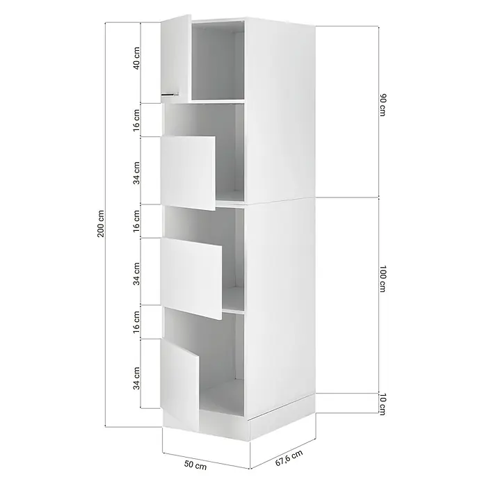Respekta Wäscheschrank Clara - B x L: 50 x 67,6 cm, Weiß - Ansicht eines weißen modularen Schranks mit offenen und geschlossenen Fächern und Größenangaben in Zentimetern.