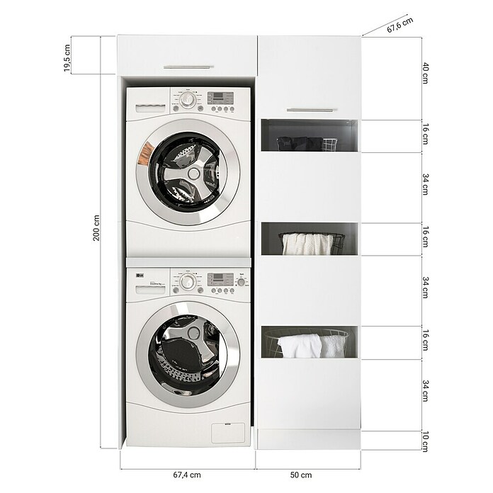 Respekta Waschmaschinenschrank Clara (L x B: 67,6 x 117,4 cm, Weiß, Mit Wäscheschrank & Waschmaschinenschrank) | BAUHAUS