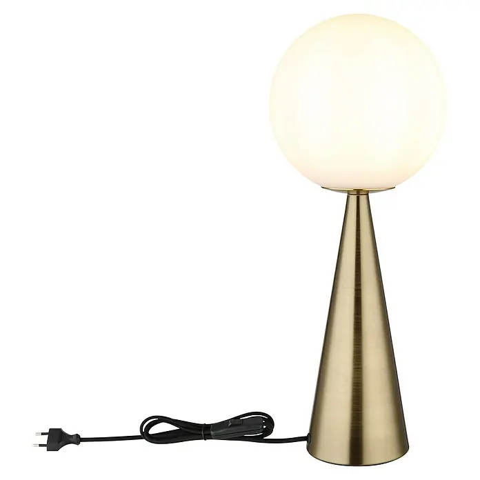 Globo Tischleuchte Pinapl - 40 W, Ø x H: 20 x 49,5 cm, Messingfarben matt, Weiß opal - Elegante Tischleuchte mit goldenem Kegel-Design und kugelförmigem Lampenschirm. Stilvolle Beleuchtung für Ihr Zuhause.