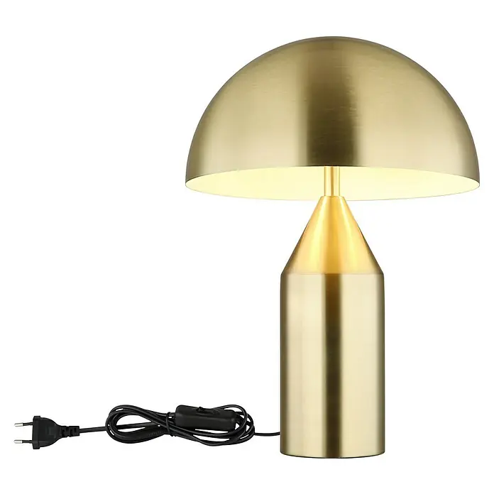 Globo Tischleuchte rund Atoma - 40 W, Ø x H: 30 x 39 cm, Messing - Elegante goldfarbene Lampe mit halbkugelförmigem Schirm und zylindrischem Fuß, die warmes Licht spendet und eine stilvolle Atmosphäre schafft.