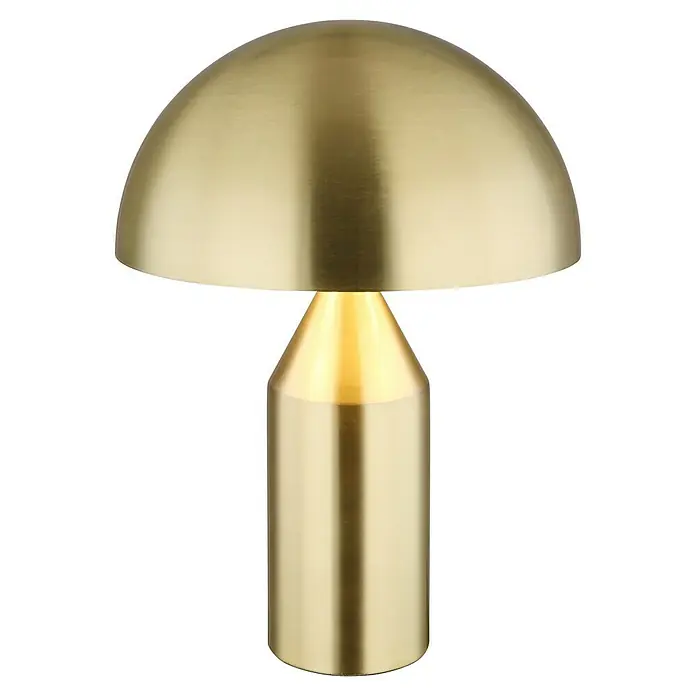 Globo Tischleuchte rund Atoma - 40 W, Ø x H: 30 x 39 cm, Messing - Nahaufnahme einer eleganten, goldenen Tischleuchte mit schirmförmigem Lampenschirm und zylindrischem Sockel vor schwarzem Hintergrund.