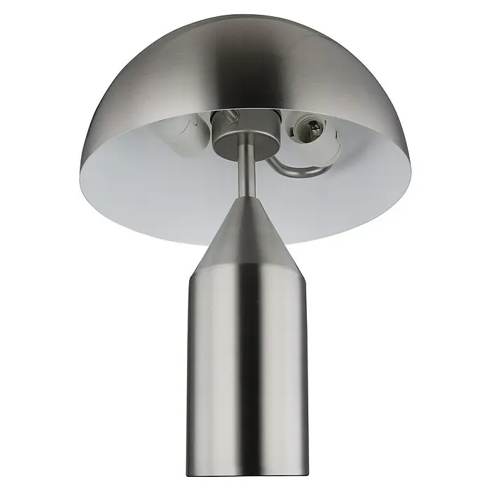 Globo Tischleuchte rund Atoma - 40 W, Ø x H: 30 x 39 cm, Nickel - Nahaufnahme einer modernen Tischleuchte aus gebürstetem Edelstahl mit halbkugelförmigem Lampenschirm und zwei Glühbirnen.