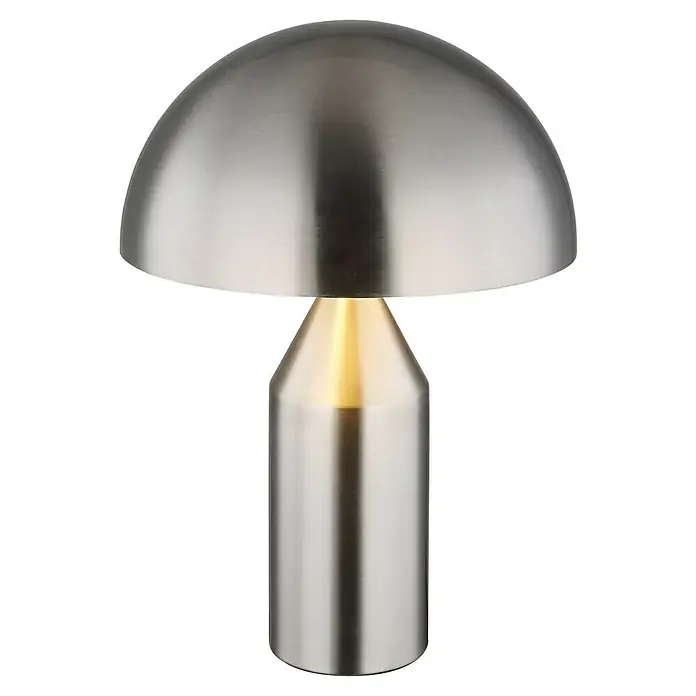 Globo Tischleuchte rund Atoma - 40 W, Ø x H: 30 x 39 cm, Nickel - Nahaufnahme einer modernen Tischleuchte mit einem halbkugelförmigen Schirm und einem zylindrischen Fuß aus gebürstetem Metall.