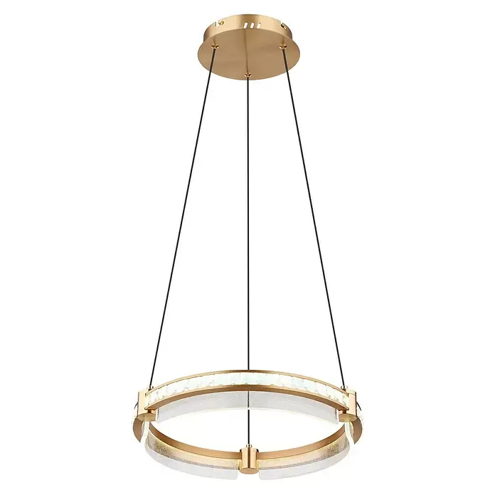 Globo Blondie LED-Pendelleuchte - 36 W, 40 x 120 cm, Gold, Gold, Mehrfarbig - Goldene runde LED-Pendelleuchte mit Kristallakzenten, von einer Deckenhalterung hängend.